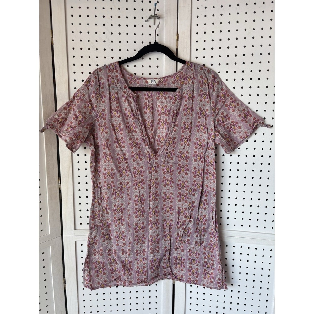 ISIS Women's 8 Sm/M Geo Print Short SLV Tunic Blouse Cotton Blouse V Neck